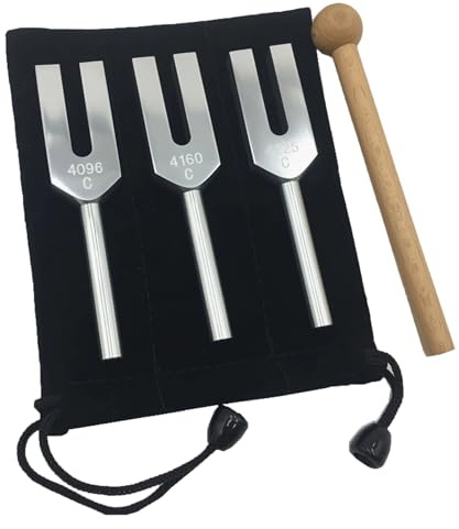 MIMIRACLE Angel Tuning Forks Set - 4096 Hz, 4160 Hz, 4225 Hz - Healing Musical Instruments Kit with Wood Hammer & Storage Bag