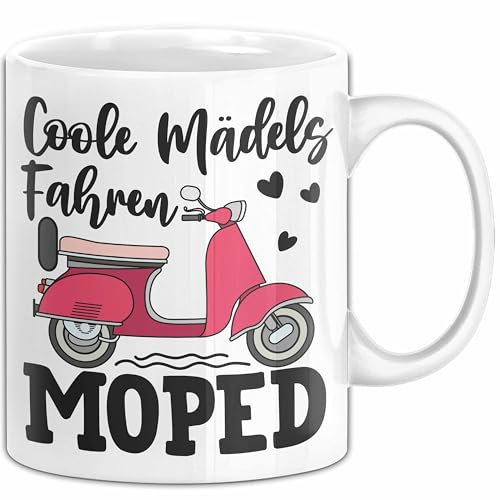 Coole Mädels Fahren Moped Tasse Geschenk Fahrerin Mofa Scooter Roller (Weiß)
