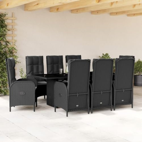 Keyroto Garten essgruppe 8 Personen Rattan Gartenmöbel Set mit 8 Gartenstuhl Hochlehner Verstellbar Sitzgruppe Outdoor Gartengarnitur Sitzgarnitur Terassenmöbel außen-Schwarz-9-tlg