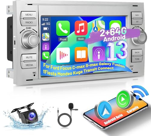 [2+64G] Android Autoradio für Ford Focus/C-max/S-max/Galaxy/Fusion/Fiesta/Mondeo/Kuga/Transit/Connect mit Wireless CarPlay & Android Auto - 7 Zoll Touchscreen Autoradio mit GPS WiFi + Rückfahrkamera