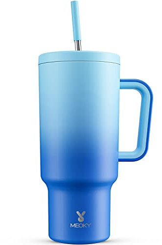 Meoky Mug Isotherme avec Paille et Poignée 1.2L, Tasse Isotherme 100% Anti-fuite, Chaud Pendant 12 Heures, Froid Pendant 34 Heures, Thermos Sans BPA (Dégradé bleu)