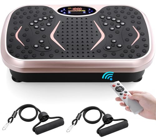 TLGREEN Vibrationsplatte 99 Stufen 5 Trainingsprogramme, Kompaktes Design, Leiser Motor, Trainingsbänder, rutschfest, Fitness Vibrationsboard für Zuhause, Fettverbrennung & Muskelaufbau, Champagner