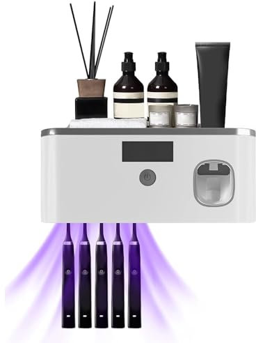 Porta Spazzolino UV, Sterilizzatore Portaspazzolino UV, Sterilizzatore per Spazzolino Elettrico con Dispenser Dentifricio, 60 Giorni con Una Sola Carica, Portaspazzolino Parete per 5 Spazzolino