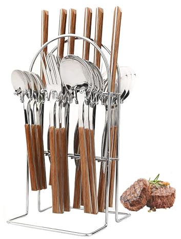 AVEKI Stainless Steel Flatware Set, 24 Pieces Silverware Cutlery Set with Stand, Kitchen Utensil Tableware Set with Antiskid Handle Service for 6, Mirror Polished (Brown)