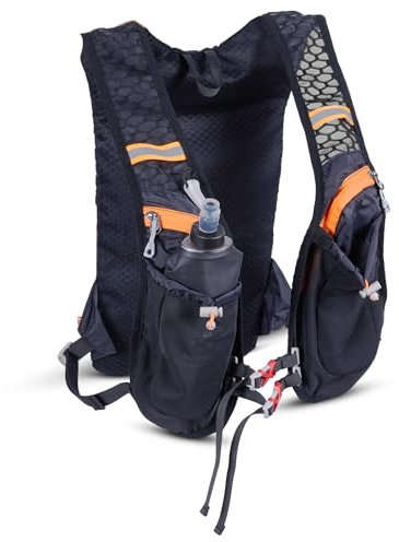 STRONGERGY Chaleco Running Hombre y Mujer, Chaleco Hidratación Trail Running 40x22cm, Dos Bolsillos Exteriores, Dos Compartimentos, Botella de 0.5L y Silbato Incluido, Mochila Correr Hombre y Mujer