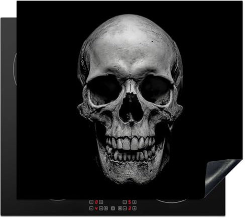 KitchenYeah© Herdabdeckplatte 59x52 cm Einteilig Küche Herdabdeckung Induktionsfeld Ceranfeld Herdabdeckplatten Vinyl Matte Aufrollbar Totenkopf - Schwarz - Schädel - Weiß