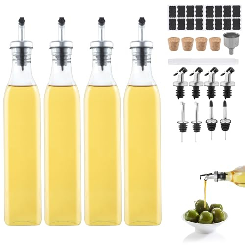 Beylce 4 x 500ml bouteille huile olive bec verseur, distributeur huile d'olive avec bouchon antisalissure, étiquette, bouchon de liège, marqueur pour tableau blanc, entonnoir en acier inoxydable