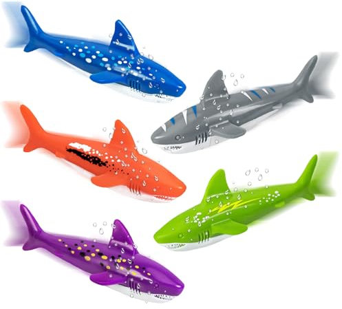 IHLOOTD Tauchspielzeug für Kinder Hai 5 Stück Pool Diving Toys, Swimming Pool Toys for Kids, Torpedo Pool-Spielzeug Wasser Wurf Torpedo für Tauchtraining Zubehör Kinder, Unterwasserspiel