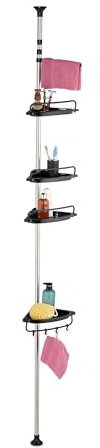 Relaxdays Duschregal Teleskop, H: 99–311 cm, ohne Bohren, zum Klemmen, für Ecke, 4 Duschablagen, Handtuchstange, schwarz