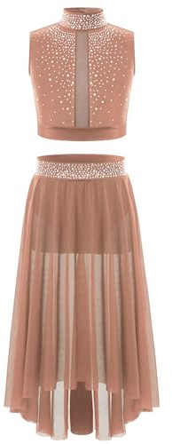 Xnihocha Ensemble De Tenue De Danse pour Fille Brillant Robe Danse Latine Standard sans Manches Crop Top avec Jupe en Tulle Robe Lyrique
