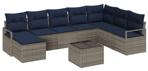 vidaXL Sofa Set mit Kissen 9 pcs Grau Poly-Rattan, Modulares, leichtes Outdoor-Couchset, UV-beständig, gemütliche Terrassenmöbel, Verstellbarer Tisch