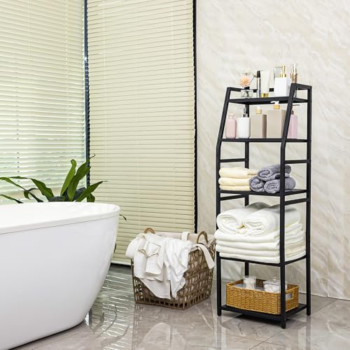 Aquzee Bathroom Storage Shelf, 5-Tier Tall Shelving Unit Standing, Black Metal Organiser Rack with Adjustable Shelf, Space Saving Freestanding Towel Storage Stand for Toilet, Kitchen, Balcony