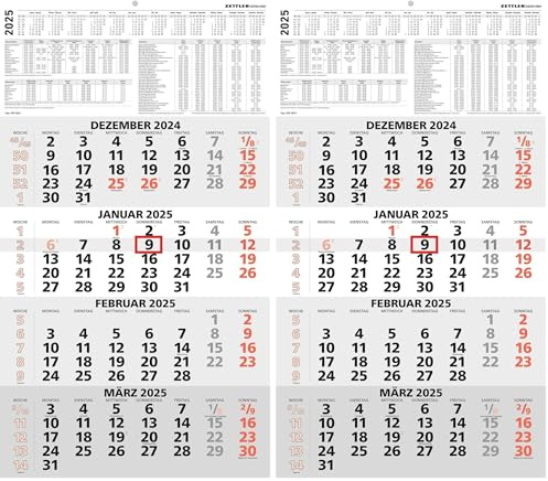 Zettler - 4-Monatskalender 2025 rot, 33x45cm, Bürokalender mit Jahresübersicht, Datumsschieber, faltbar, 4 Monate auf einen Blick, Feiertage DE /Ferientermine DE/AT/CH und deutsches Kalendarium