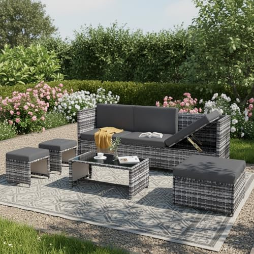 Merax 4-6 Seater Garden Furniture Set, PE Rattan Lounge Seating Group with Sofa, Stools & Coffee Table, Outdoor Patio Furniture Set with Washable Cushions, Modern Garden Sofa for Balcony, Grey