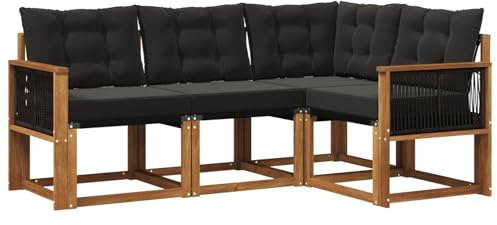 vidaXL Outdoor-Sofagarnitur mit Kissen 4 pcs Natürlich und Schwarz, Gartenmöbel, modernes Sofa-Set für draußen, Loungebereich, haltbare Terrasse zum Entspannen und Wohlfühlen