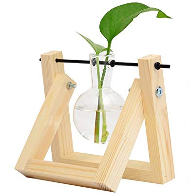 belupai Desktop Decorations, Plant Bulb Vase with Retro Solid Wooden Stand and Metal Rotating Rod Holder For Hydroponics Plants Desktop Glass Planter for Home/Garden/Wedding/Decor