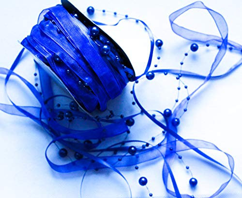 CaPiSo 15m Schleifenband mit Organza und 3 und 8 mm Perlen,Perlenband,Geschenkband,Trendyband,Perlen am Band (Dunkelblau)