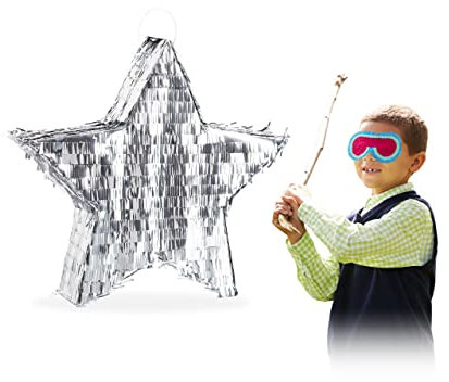 Relaxdays, Silber Pinata Stern, zum Aufhängen, für Kinder, Mädchen & Jungen, zum selbst Befüllen, aus Papier, Piñata, 10025182, Pinata Stern Silber