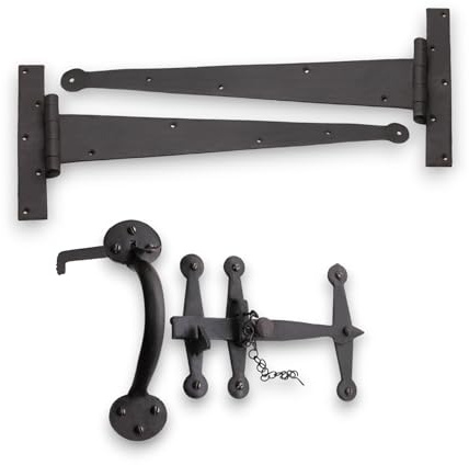 Kit de matériel robuste – Paire de charnières en T forgées à la main de 45,7 cm et loquet de pouce Suffolk en cire d'abeille – Convient pour les portes à rebord en chêne