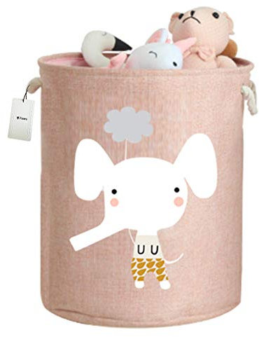 Fieans Faltbare Wäschekorb Groß Stoff Aufbewahrungskorb Kinderzimmer Spielzeug Korb Tiermuster Wäschesammler mit Kordelzug-Verschluss, Rosa Elefant