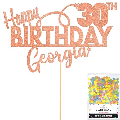 Personalised Happy Birthday Glitter Cake Topper by Cakeshop | Custom Colour Any Name & Any Age Glitter Cake Decoration for 1st 10th 16th 18th 20th 21st 30th 40th 50th 60th 70th 80th (Rose Gold)
