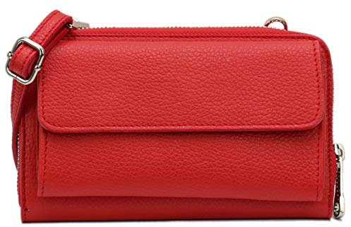 SH Leder Damen Handytasche Umhängetasche Geldbörse Multifunktion Beutel aus Echtleder Verstellbar Schultergurt Handy bis 6,7 Zoll 11,50x19cm Vera G368 (Rot)