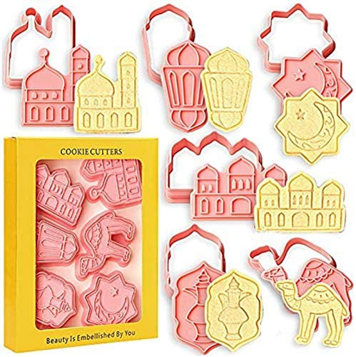 courti 6 Islamischer Ramadan Ausstechformen und Stempel, Eid Mubarak Ausstechformen Set, Muslimischen Keks Fondant Kuchen Backen Ausstecher