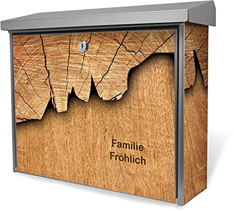 banjado® Burgwächter Briefkasten Edelstahl 38,5x31,5x12cm mit Motiv Holz/Briefkasten Edelstahl ohne Zeitungsfach/Briefkasten grau/Postkasten inkl. Montagematerial & 2 Schlüsseln