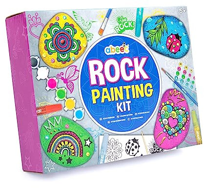 abeec Rock Painting Assortment – Rock Painting Kits for Kids 5+ - Kids Arts and Crafts Stone Painting Kit Including: 4 x Rocks, 6 x Assorted Paints, Paintbrush etc