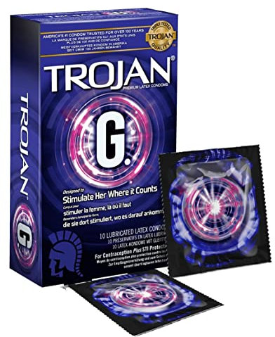 Trojan G Spot Kondome, gerippt und aus hochwertigem Latex, mit seidenweichem Gleitgel – 10er-Pack