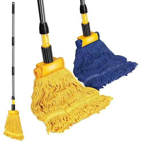 Gadhra Trapeador Comercial, trapeador Industrial de Cuerda con Extremo en Bucle, fregona Resistente con 2 Cabezales de fregona de algodón para Limpieza de Suelos, Azul/Amarillo
