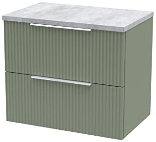 Hudson Reed DFF893LBG Fluted Modern Bathroom Wall Hung 2 Drawer Vanity Unit with Bellato Grey Laminate Worktop, 600mm, Satin Green