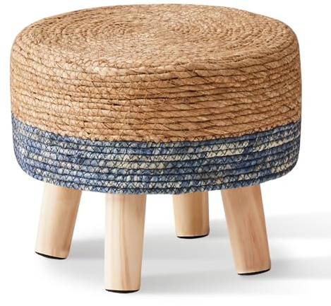 Cpintltr Foot Stool Natural Seagrass Hand Weave Poufs Round Ottoman for Couch Desk Soft Step Stool Padded Foot Rest with Non-Skid Pine Legs for Hallway Office Lounge Natural/Blue