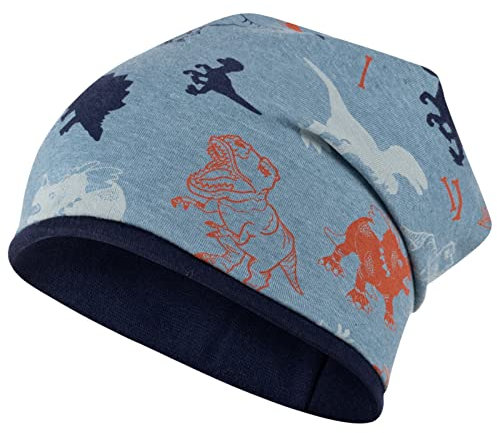 Mütze Junge Übergang Stoffmütze Beanie Kindermütze Baby Allover-Print Monster Dinosaurier, Größe: 50-52, Farbe: hellblau