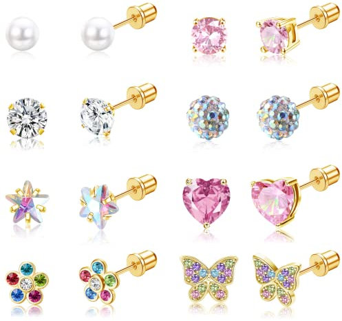 JeryWe 8 Paar Ohrstecker Set für Mädchen Kinder Chirurgenstahl Hypoallergen Ohrringe Niedlich Schmetterling Blume Herz Perle Ohrringe mit Zirkonia Mehrfarbig Schraubverschluss Ohrringe gold