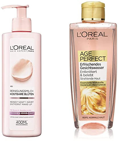 L'Oréal Paris Gesichtsreinigung, Reinigungsmilch zur Entfernung von Make-up, 1 x 400 ml & Gesichtsreinigung, Erfrischendes Gesichtswasser zur Reinigung und Pflege, Für reife Haut, 1 x 200 ml