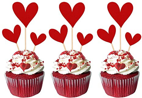 Xsstarmi 30 Pack Love Heart Valentine's Day Cupcake Toppers Glitter Heart Sweet Love Valentine Cupcake Picks for Valentine's Day Theme Wedding Anniversary Party Cake Decorations Supplies Red