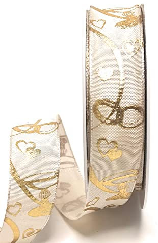 s.dekoda Schleifenband 20m x 25mm Creme - Gold Hochzeitsband Ringe Herzen Dekoband [3889]