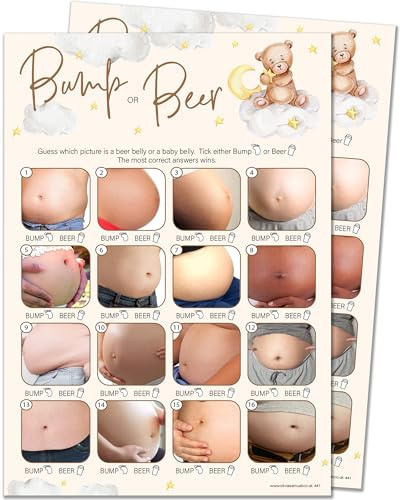 20 x Bier- oder Babyspiel - Teddybär-Design (20 Gästekarten für Babyparty + 1 Antwortkarte für den Gastgeber + Gewinnerzertifikat)