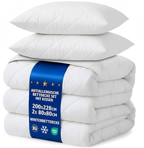 Bettdecken Set 200x220 Winterbettdecken mit 2 Kissen 80x80 – Weiche warme Steppbettdecken für Allergiker, kuschelige Decken mit Füllung, Oeko-Tex Zertifiziert, waschbar