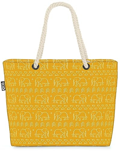 VOID Afrika Tribal Muster Elefanten Gelb Strandtasche Shopper 58x38x16cm 23L XXL Einkaufstasche Tasche Reisetasche Beach Bag