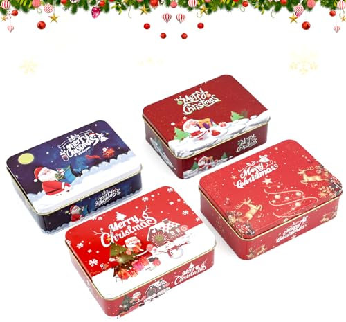 TSLBW 4 Stück Weihnachts Keksdosen Weihnachtsmann Elch Runde leere Dosen Boxen mit Deckel Keks Bonbonglas Kerzenherstellung Behälter für DIY Kerzen Süßigkeiten Tee Gewürze Weihnachtsfeier Geschenke