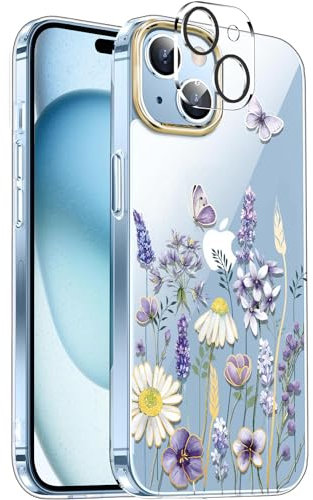 luolnh Compatible with iPhone 15 Case,for Women Girls,Shockproof Clear Floral Pattern Hard Back Cover for iPhone 15 6.1 2023 -Purple&Blue