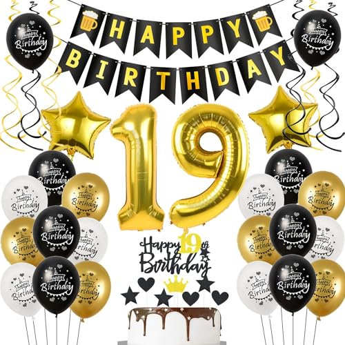Deko 19 Geburtstag Deko Junge mädchen, Luftballon 19. Geburtstag Schwarz Gold, Geburtstagsdeko 19 jahre Junge Luftballon, Tortendeko 19. Geburtstagsdeko 19 jahre für mädchen