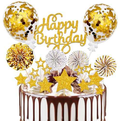 19 Stück Tortendeko Gold, Cake Topper Geburtstag, Glitzer Happy Birthday Tortendeko mit Stern Cupcake Topper, Torte Deko für Geburtstagsdeko Geburtstagsfeier Dekoration