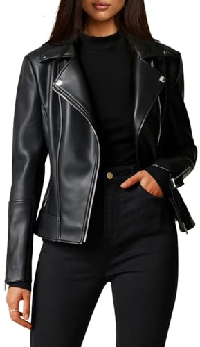 MD FootThera Women Leather Jacket, Buttery Soft Faux Leather Motorcycle Moto Biker Short Jacket, Stretchy Long Sleeves Asymmetrical Closure Zipper Rivets Pocket Classic Stylish Coat, Large, Black