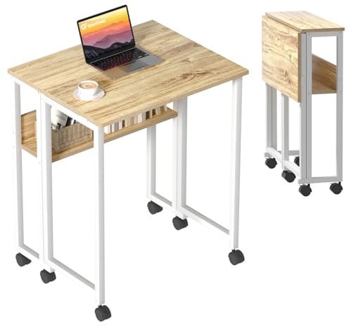 GreenForest Small Folding Desk with Storage Shelf,63 cm Computer Rolling Desk on Wheels Easy Assembly,Foldable desk for Small Space,Oak