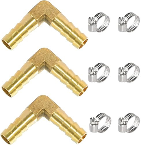 MSAEIQUN Lot de 3 raccords coudés en laiton à angle droit de 90 degrés en L de 10 mm avec colliers de serrage en acier inoxydable pour eau/carburant/air (coude, 3/8 3 pièces)