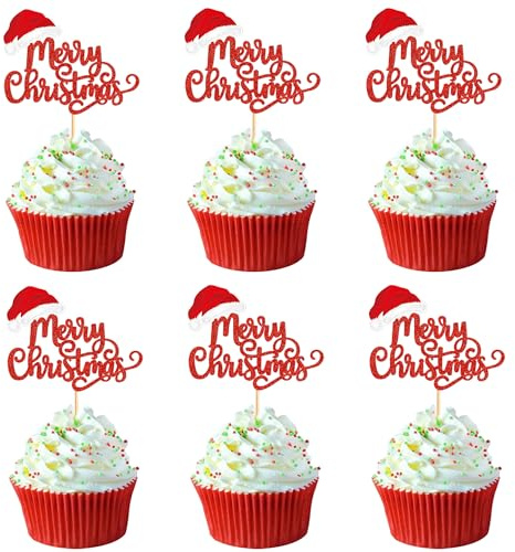 24 Pcs Merry Christmas Cupcake Toppers - Red Christmas Cake Toppers Toothpick Flags for Cake Decorations & Party Supplies