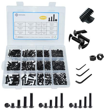 WZHUIDA 480 Stück M3 M4 M5 Schrauben und Muttern Sortiment Set, schwarz Gewindemaschinen Sechskantschrauben, Halbrundkopf Innensechskant Schraube Kit aus Kohlenstoffstahl, schwarz verzinkt